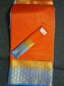 Orange Silk Saree with Blue Border