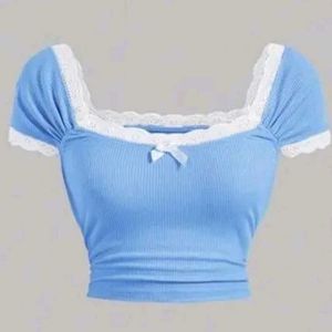 Cute Blue Lace Trim Crop Top