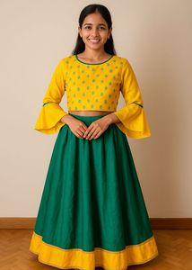 Kids: Yellow & Green Lehenga Set