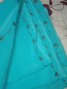 Cyan Blue Teal Embroidered Soft Fabric Saree