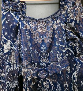 Navy Blue Belted Puff Sleeve Jacquard Dress