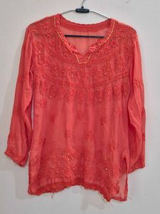 Coral Embroidered Tunic