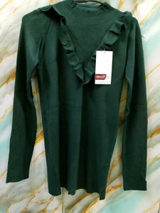 Green Ruffle Trim Knit Top