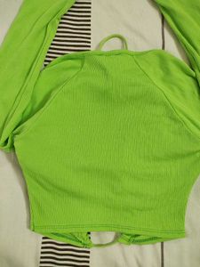 Imicoco Neon Green Ribbed Tie Up Crop Top