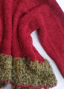 Red And Green Glittery Fur Cardigan