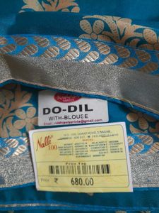 Beige and Greenish Blue Silky Saree with Blouse