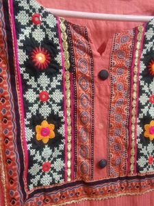 Embroidered Coral Kurti With Cotton Lining