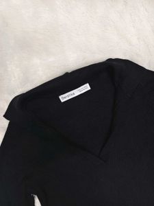 Ribbed Knit Polo Collar Fitted Crop Top🖤