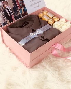 Customize gift hamper box 🖤Matte black finish. Includes_ Shirt, Perfume, Chocolates &amp; Flowers...Can be customize as per your needs...