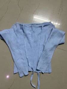Blue Tie-Front Knit Top