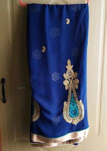 Georgette Navy Blue Saree With  Thread  Embroidery