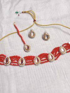 Red Kundan And AD Choker Set