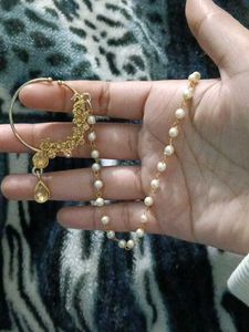 Gold-toned Nose Ring with attached chain + studs