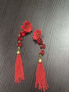Red Flower Tassel Earrings