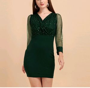 Elegant Glitter Long Sleeve V Neck Bodycon Mini Co