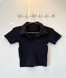 Charcoal Ribbed Knit Polo Crop Top