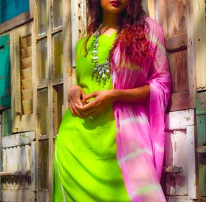 Lime Green Lehariya Suit Set Gayraa 2XL