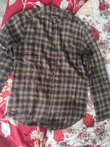 Brown Checkered Mandarin Collar Shirt
