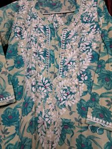 Sea Green Printed Embroidered Kurti