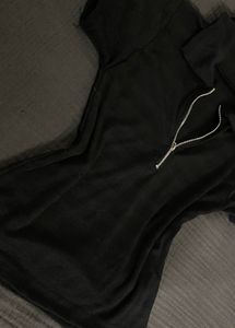 Black Ribbed Collared Zip up Polo Top