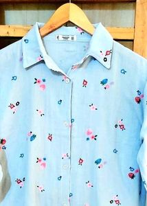 Sky Blue Printed Cotton Shirt Size-42
