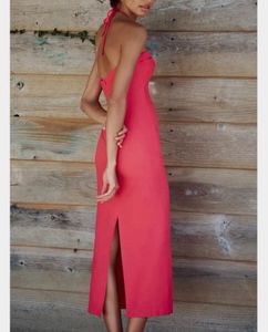 Coral Halter Cutout Midi Dress