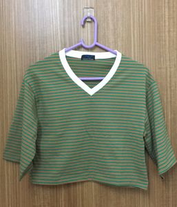 Green Striped Brown V Neck T-shirt For Women