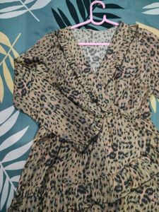 Leopard Print Frill Dress With Wrap Design