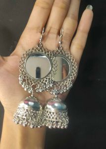 Silver Jhumka Earrings with Mirror Detail
