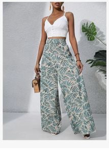 Tropical Print Wide Leg Pants