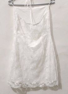 detailed White Lace Mini Dress