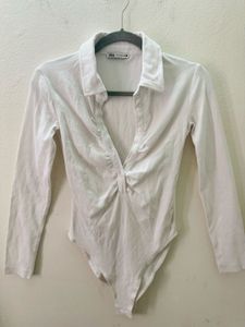 Zara White Fitted Collar Top
