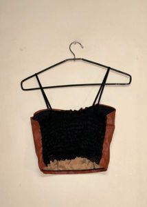 Brown Faux Leather &amp; Lace Back Crop Top
