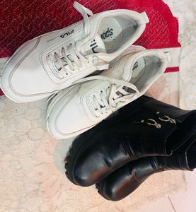 Fila White Sneakers & Black Boots