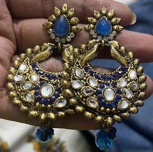 Gold Plated Traditional Blue Kundan Earring