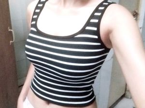 black cropped fitted tank top with white stripes