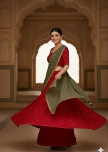 vibrant red lehenga with contrast olive green dupt