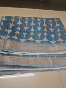 Blue Linen Saree with Geometric Print