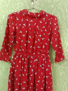 Red Bird Print Button-Down Dress