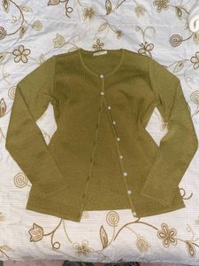 Olive Green Pearl Button Shimmer Cardigan