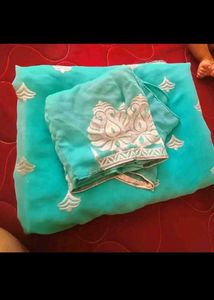 Elegant Teal green embroidery Saree with stitchied