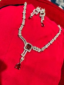 American Diamond Red &amp; Silver Jewelry Set NewWdtag