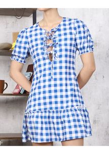 Blue Gingham Lace-Up Mini Dress