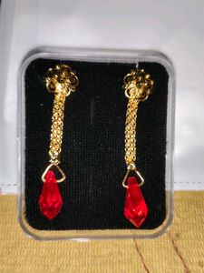 Elegant Gold &amp; Red Dangle Earrings