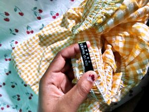 Mustard Checked Cut - Out Smocked Bow Flared Dress