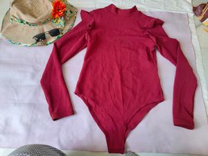 Mock neck long sleeve bodysuit w ruffle shoulder r