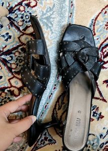 Studded Black Leather Slides