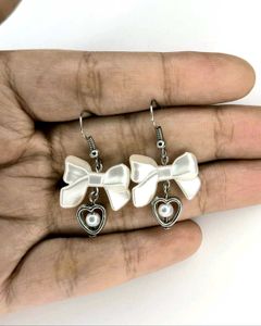 Handmade Beaded Pearl Bow Earrings with Heart
