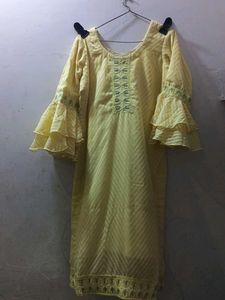 Yellow Embroidered Kurti with Ruffle Sleeves