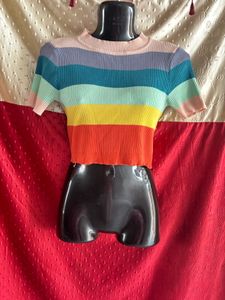 Retro Rainbow Ribbed Knit Mock Neck Crop Top